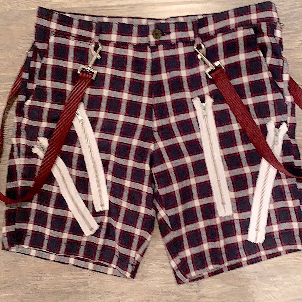 Navy, red and white plaid zipper bondage shorts